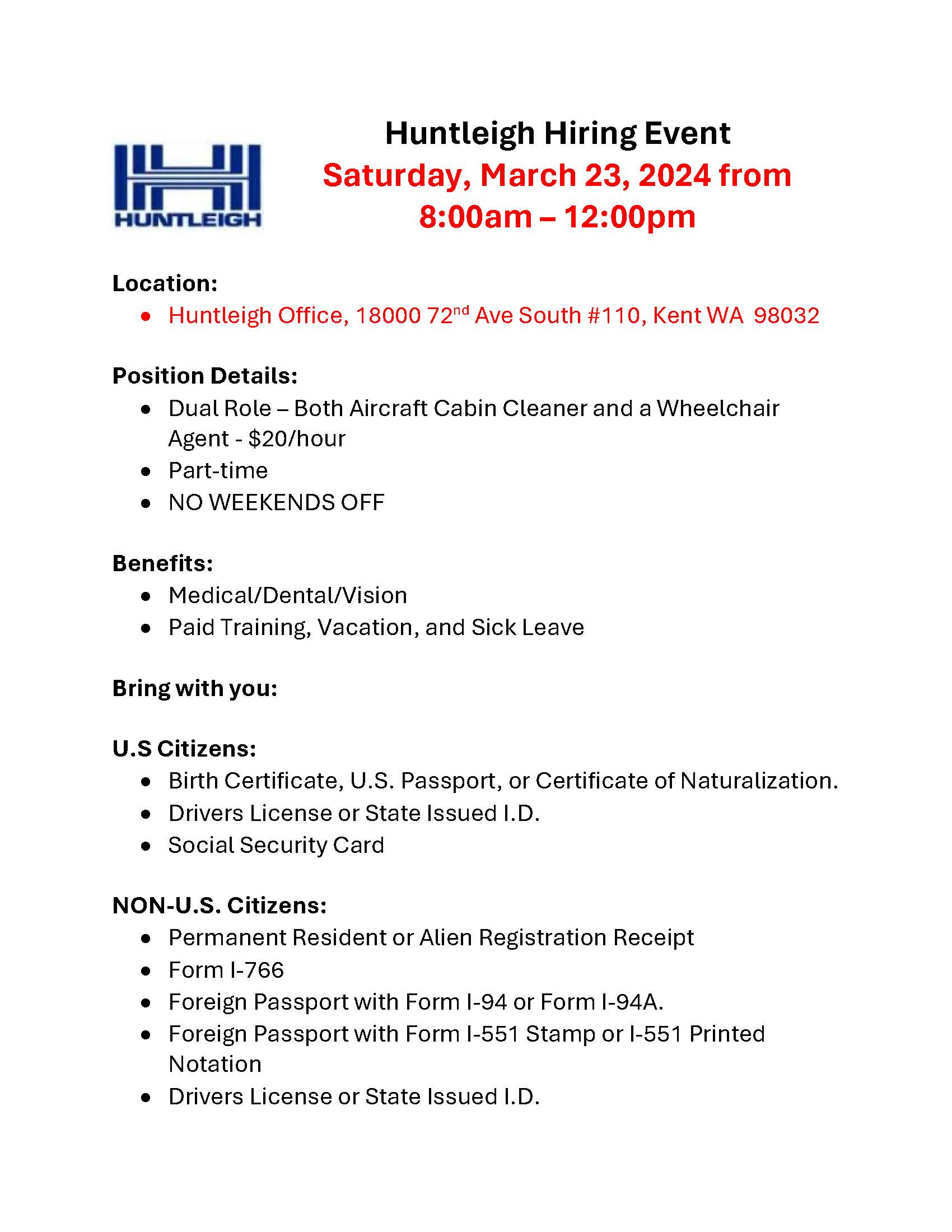 Huntleigh Hiring Event Flyer Kent WA