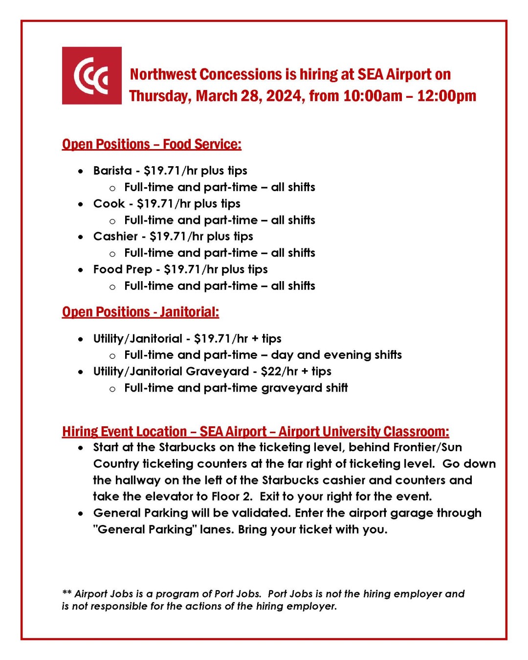 SEA Airport Hiring Event Flyer for NW Concessions