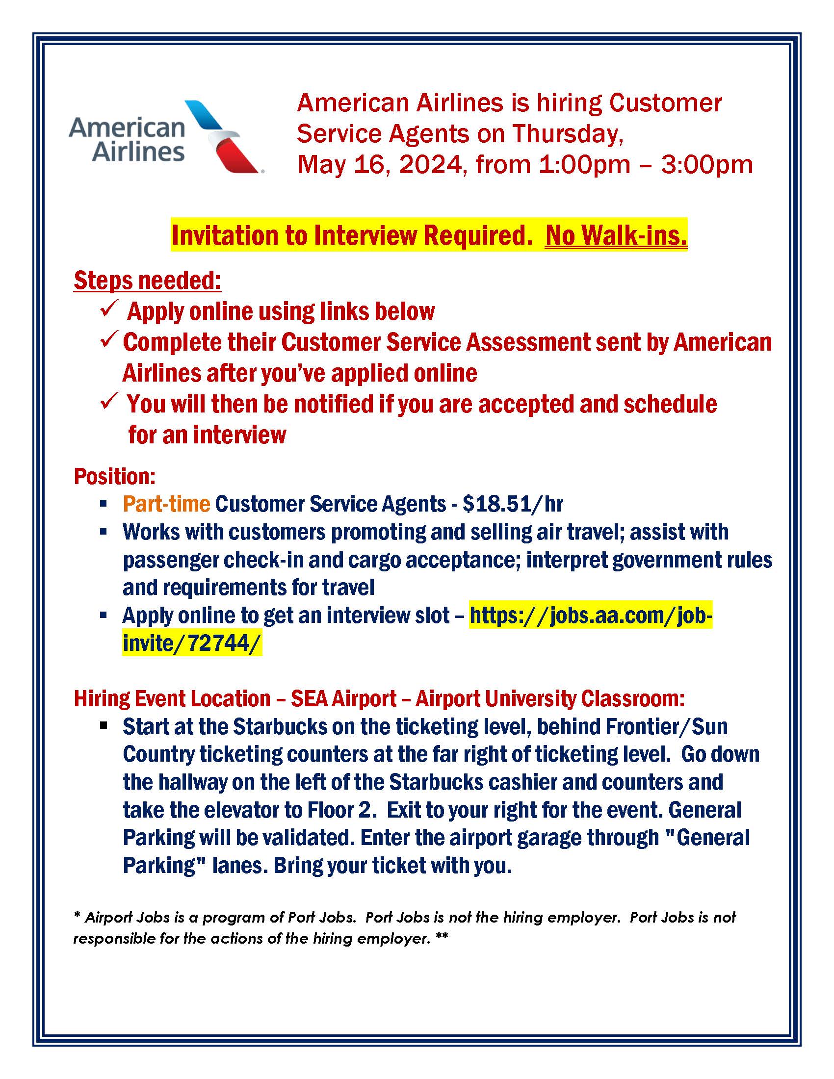 American Airlines Job Fair Flyer May 16, 2024