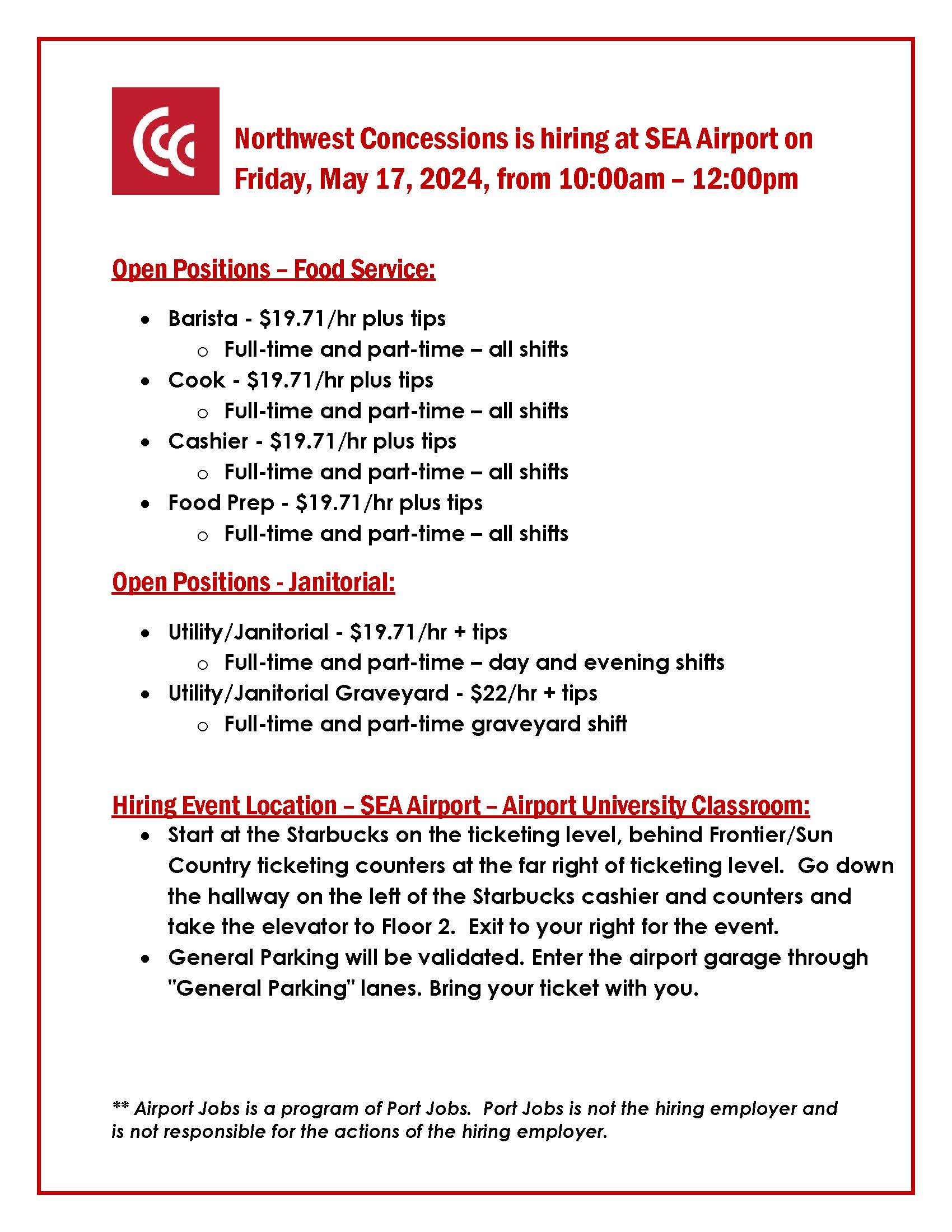 NW Concessions Hiring Event Flyer May 17, 2024