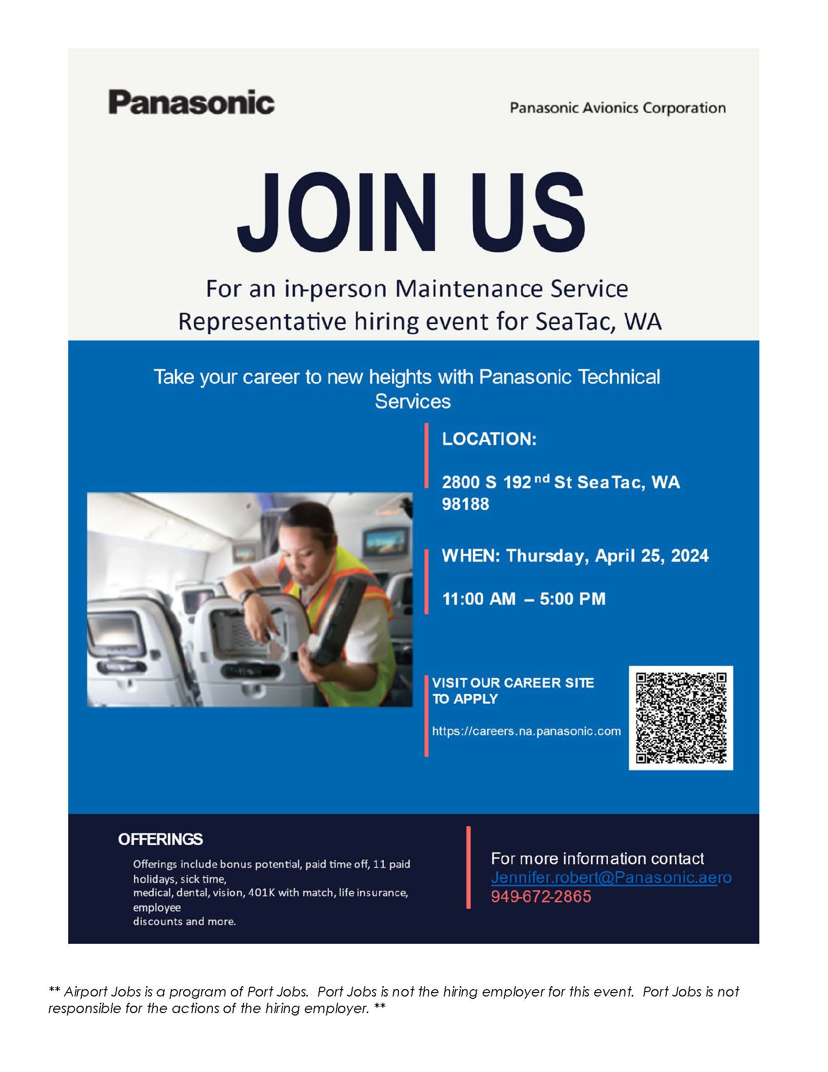 Job Hiring Event Flyer for SEA Airport - Panasonic Avionics Hiring Event April 25, 2024