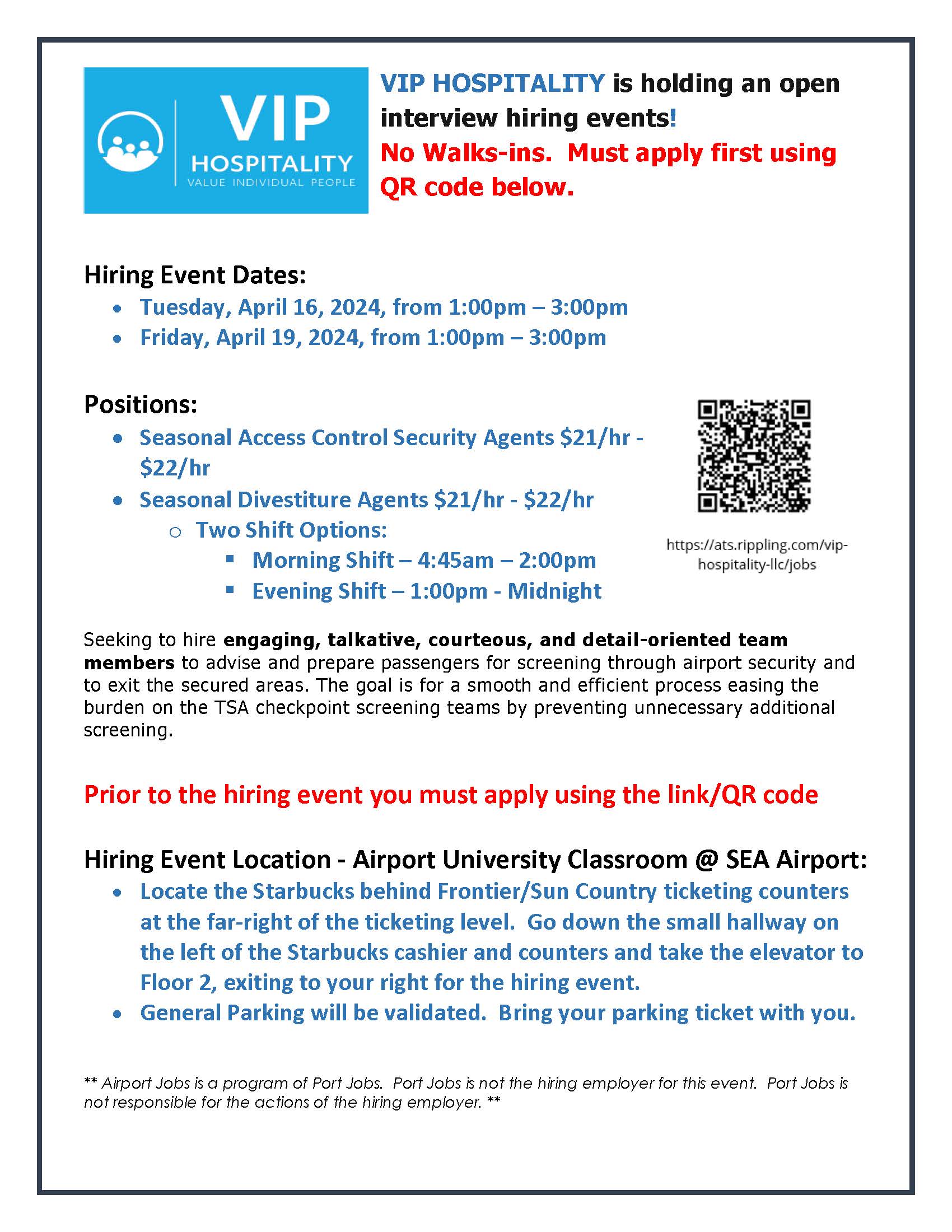 VIP April 19, 2024 Hiring Event Flyer SEA Airport
