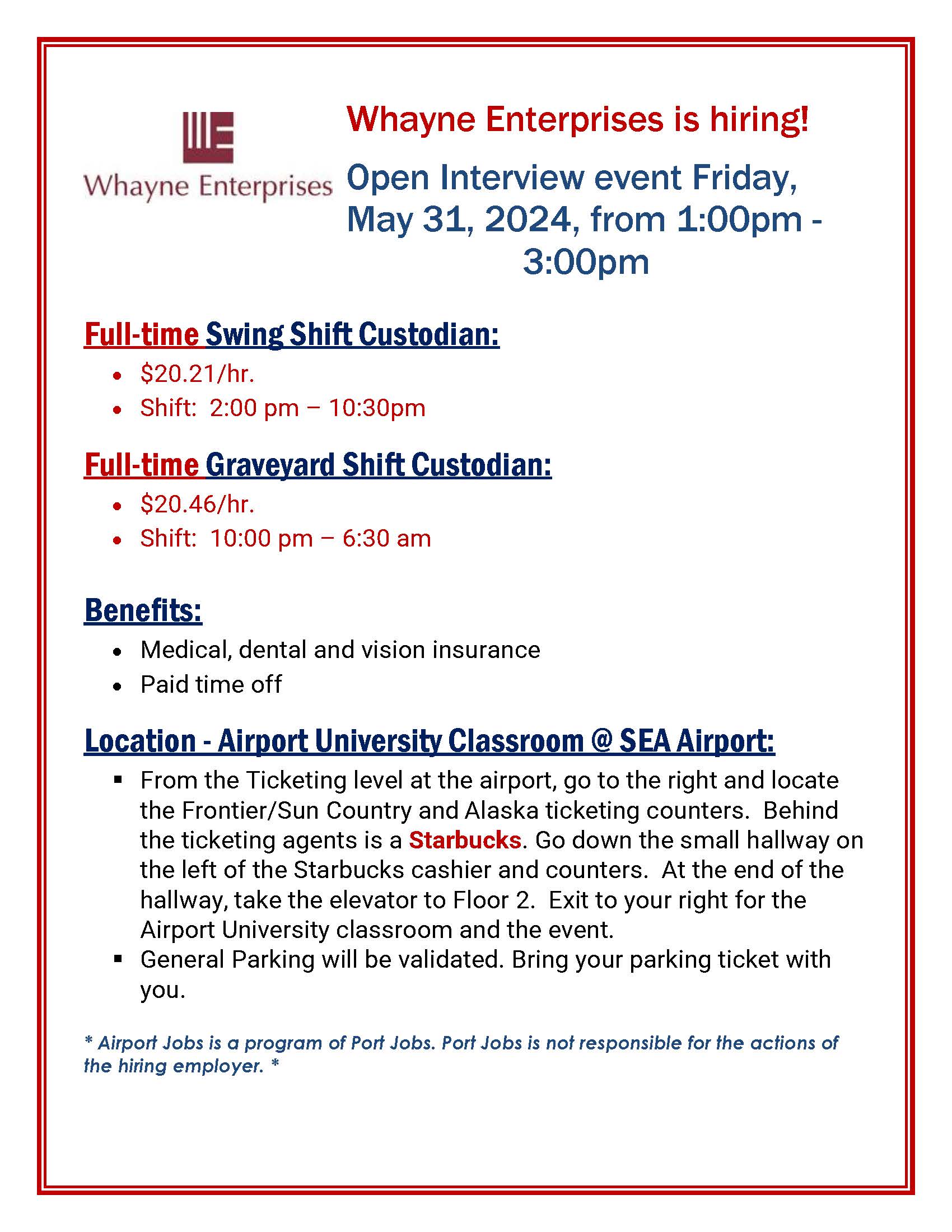 Whayne Enterprises hiring fair Flyer for SEA on May 31, 2024