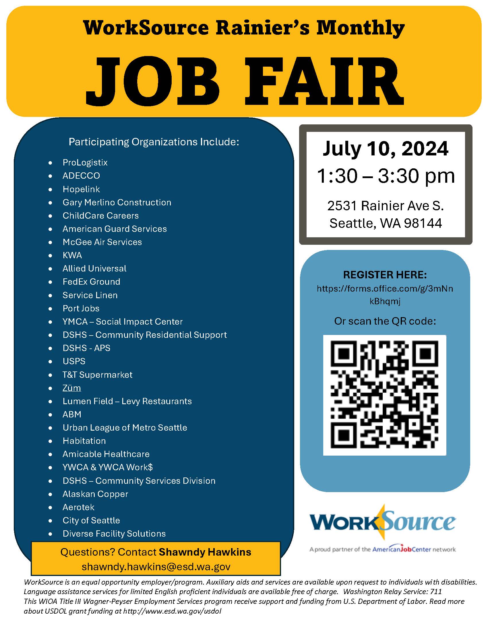 WorkSource Rainier Hiring Event July 10, 2024 Flyer