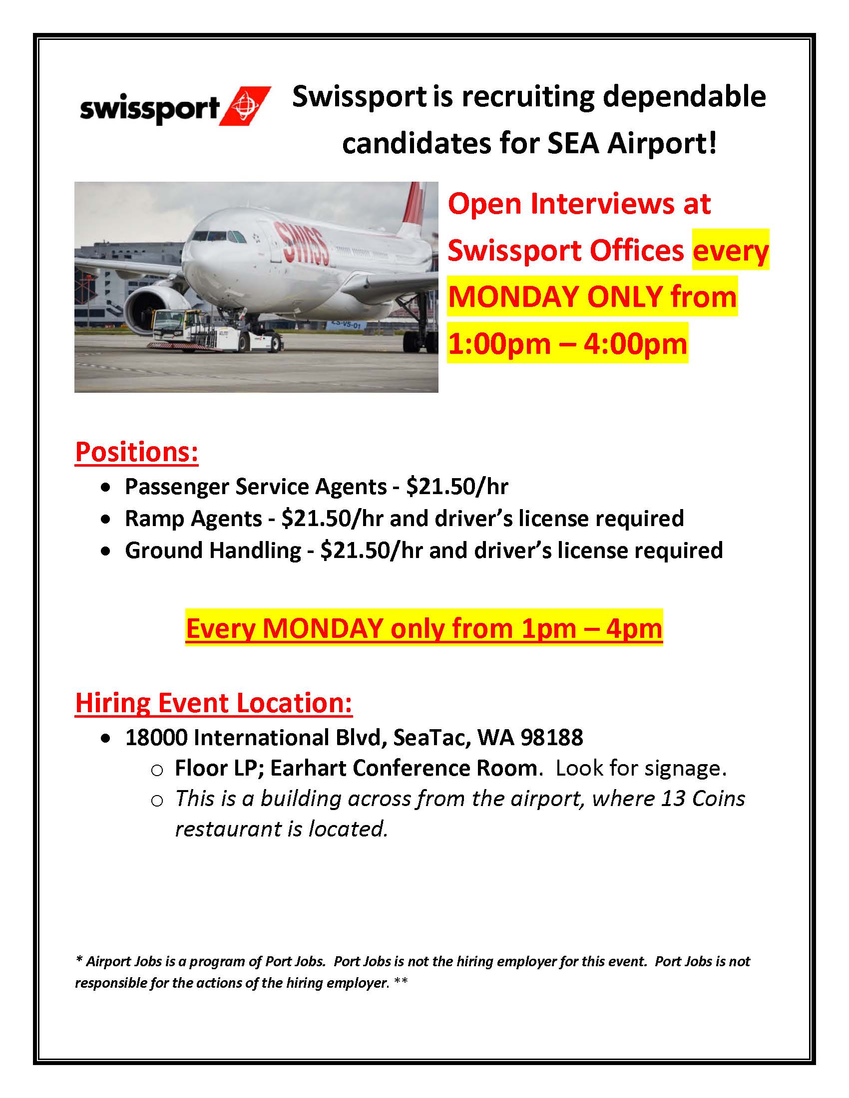Swissport Hiring Flyer Mondays 2024