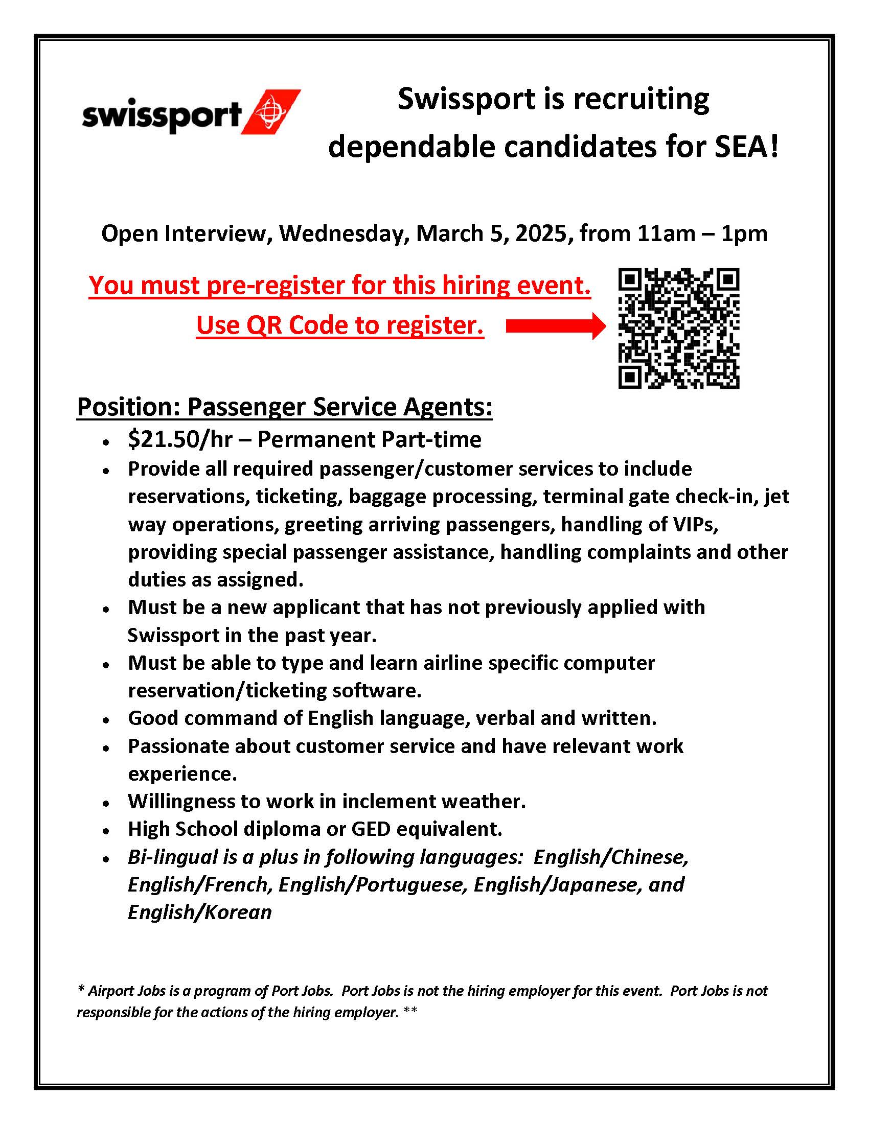 Swissport USA Hiring Event March 5, 2025 Flyer