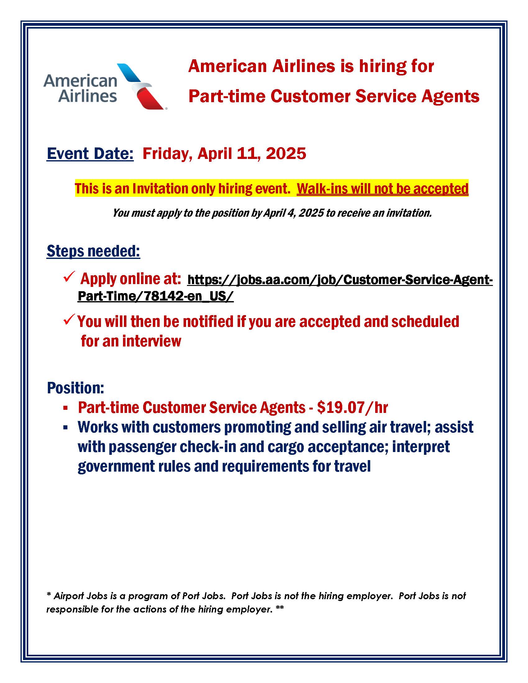 American Airlines Hiring Event Invite Only SEA Airport April 11, 2025 Flyer