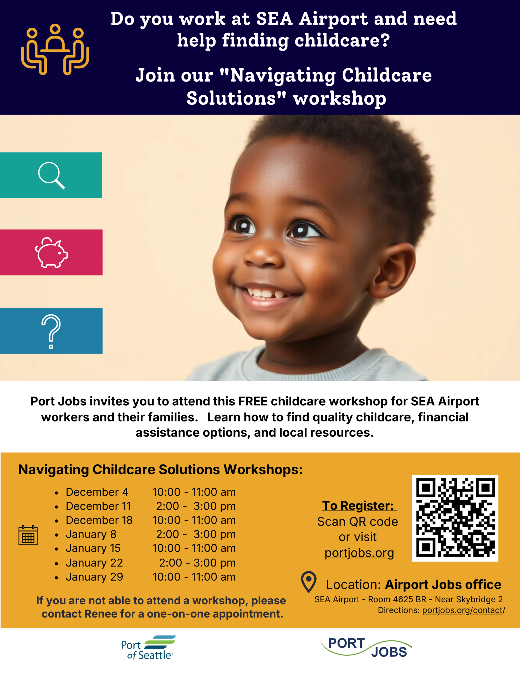 Port Jobs Childcare Navigation Flyer Dec and January SEA Airport